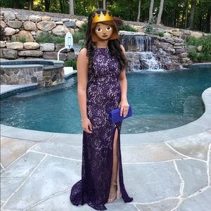 Long lace purple evening dress with nude undertone